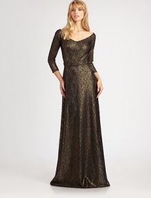 Fancy metallic lace, nude underlay and banded waistband add to the allure of this stunning evening gown.V-neckThree-quarter sleevesConcealed back zipFully linedAbout 43 from natural waistPolyester/spandexDry cleanMade in USA of imported fabricModel shown is 5'10 wearing US size 4. Fancy metallic lace, nude underlay and banded waistband add to the allure of this stunning evening gown.V-neckThree-quarter sleevesConcealed back zipFully linedAbout 43 from natural waistPolyester/spandexDry cleanMade in USA of imported fabricModel shown is 5'10 wearing US size 4.
