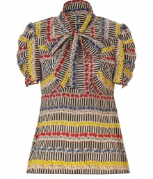 Dainty florals take a graphic, boho-glam turn with Anna Suis stripe print silk blouse - Cheerfully chic in yellow, red and blue - Small, standup collar with tie neck and short, gently puffed sleeves - Slim, ultra-feminine silhouette tapers through waist - Pair with cropped trousers, cigarette pants, shorts and skinny denim Dainty florals take a graphic, boho-glam turn with Anna Suis stripe print silk blouse - Cheerfully chic in yellow, red and blue - Small, standup collar with tie neck and short, gently puffed sleeves - Slim, ultra-feminine silhouette tapers through waist - Pair with cropped trousers, cigarette pants, shorts and skinny denim
