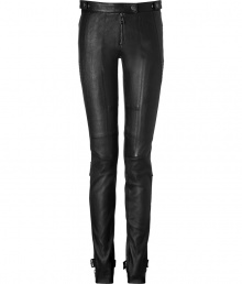 Rock n roll-inspired style goes ultra-luxe in these leather biker pants from British heritage brand Belstaff - Snap tab front, exposed zip fly, back zip welt pockets, stitch-detailed side panels at thigh, seaming at knee, belted hems with zip detailing - Straight leg, slim fit - Wear with an asymmetrical hem blouse or a simple long sleeve tee and platform pumps