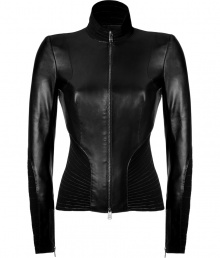 Detailed with stretch paneling for an exquisitely seductive tailored fit, Jitrois black leather jacket is a luxurious choice perfect for adding that characteristic chic edge to your outfit - Stand-up collar, long sleeves, zippered cuffs, front zip closure - Extra form-fitting - Wear over a tailored cocktail sheath with pin heels and sparkly fine jewelry Detailed with stretch paneling for an exquisitely seductive tailored fit, Jitrois black leather jacket is a luxurious choice perfect for adding that characteristic chic edge to your outfit - Stand-up collar, long sleeves, zippered cuffs, front zip closure - Extra form-fitting - Wear over a tailored cocktail sheath with pin heels and sparkly fine jewelry