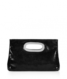 Bring a high style kick to your cocktail look with this easy-to-style lizard embossed leather clutch from MICHAEL Michael Kors - Rectangular shape, cut-out handle with silver-toned metal trim, glossy black lizard embossed leather - Style with a fitted sheath dress, a leather jacket, and platform pumps Bring a high style kick to your cocktail look with this easy-to-style lizard embossed leather clutch from MICHAEL Michael Kors - Rectangular shape, cut-out handle with silver-toned metal trim, glossy black lizard embossed leather - Style with a fitted sheath dress, a leather jacket, and platform pumps