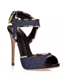 Strike a stylish pose in these ultra-luxe denim sandals from Guiseppe Zanotti - Peep-toe, stacked wooden stiletto heel, denim with leopard trim, ankle buckle closure - Pair with a pencil-cut sheath dress, a slim leather trench, and a studded clutch