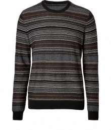 Work modern striping into your basic knitwear collection with Vinces tonal black-multi variegated knit pullover, finished with solid trim for that chic city edge - Rounded neckline, ribbed trim - Straight silhouette, contemporary slim fit - Pair with favorite jeans and boots on the weekend, or dress up with tailored trousers and lace-ups for work Work modern striping into your basic knitwear collection with Vinces tonal black-multi variegated knit pullover, finished with solid trim for that chic city edge - Rounded neckline, ribbed trim - Straight silhouette, contemporary slim fit - Pair with favorite jeans and boots on the weekend, or dress up with tailored trousers and lace-ups for work
