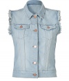 Toughen up any look with this destructed denim vest from J Brand - Button up front, spread collar, frayed armholes - Fitted silhouette - Pair with a modernized long sleeve top, skinny jeans, and high heel booties