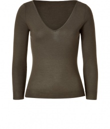 Stylish V-neck pullover in a fine cashmere and silk blend - In a trendy olive hue - Has a slight sheen, wonderfully natural texture and is pleasantly soft on the skin - The shirt is cut figure-enhancing and tight, goes to the hip - With slim, slightly shorter sleeves, a deep, wide V-neckline - Typical leisure shirt you can wear to yoga, ballet, Pilates, or under cardigans, blazers and parkas