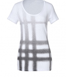 An ultra-modern take on the characteristic check, Burberry Brits graffiti-like printed tee is a cool way to wear the brands iconic look - Scoop neckline, short sleeves, faded grey check print on front, slight slub effect throughout - Long, lean fit - Wear with jeans and edgy leather flats