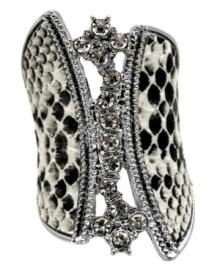 Set the mood with this GUESS stretch ring, featuring black and white python print and glass stone accents. Set in imitation rhodium-plated mixed metal. Ring stretches to fit finger. Set the mood with this GUESS stretch ring, featuring black and white python print and glass stone accents. Set in imitation rhodium-plated mixed metal. Ring stretches to fit finger.