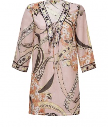 Blossom into warm weather chic in Emilio Puccis whimsical floral print cotton-silk tunic - Laced V-neckline, 3/4 sleeves, contrast print trim - Loosely fitted - Wear over swimwear with bright sandals and a straw tote, or layer over tissue tanks with slim trousers and heels Blossom into warm weather chic in Emilio Puccis whimsical floral print cotton-silk tunic - Laced V-neckline, 3/4 sleeves, contrast print trim - Loosely fitted - Wear over swimwear with bright sandals and a straw tote, or layer over tissue tanks with slim trousers and heels