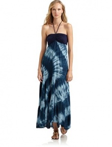 THE LOOKSolid color knit bodice with ruched centerHalter straps tie at neckTiered tie-dye maxi skirtTHE FITAbout 56 from shoulder to hemTHE MATERIALRayonCARE & ORIGINDry cleanMade in USAModel shown is 5'8 (172½cm) wearing US size Small. 