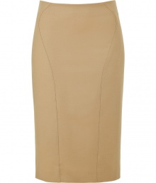 Alberta Ferretti puts a modern spin on ladylike luxe with this ultra-chic, caramel wool stretch skirt - Medium-rise, classic pencil cut features a rear kick pleat and flattering, curve-enhancing decorative seams - Zips at back - Easily transitions from the office to after-work cocktails, parties and dinners - Dress up with a silk blouse, leather jacket and pumps, or go for a more laid-back look with a boxy pullover and sandals Alberta Ferretti puts a modern spin on ladylike luxe with this ultra-chic, caramel wool stretch skirt - Medium-rise, classic pencil cut features a rear kick pleat and flattering, curve-enhancing decorative seams - Zips at back - Easily transitions from the office to after-work cocktails, parties and dinners - Dress up with a silk blouse, leather jacket and pumps, or go for a more laid-back look with a boxy pullover and sandals