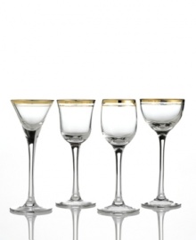 Enrich the table with radiant Charter Club stemware. Two bands of glistening gold add a touch of luxury to four unique and simply elegant cordial glasses. Enrich the table with radiant Charter Club stemware. Two bands of glistening gold add a touch of luxury to four unique and simply elegant cordial glasses.
