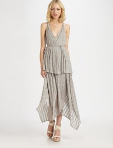 Tonal striped highlight this airy jersey knit crafted with a tiered handkerchief hem.V necklineSleevelessWrap-around beltTiered hemRacerbackAbout 43 from natural waist55% rayon/45% spandexDry cleanMade in USAOUR FIT MODEL RECOMMENDS ordering true size. 