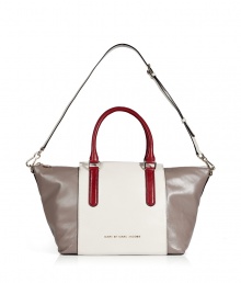 The satchel gets a modern update with this ultra-sleek colorblock version from Marc by Marc Jacobs - Large carryall shape, top zip closure, contrasting top carrying handles and side panels, convertible shoulder strap, glossy leather - Perfect for everyday use, work, or travel