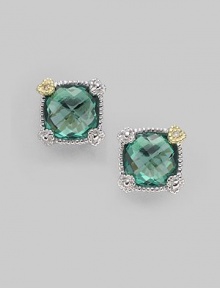 From the Linen Collection. A small cushion-cut green quartz stone shimmers in a sterling silver and 18K gold setting.Green quartz 18K gold Sterling silver Width, about ¼ Post backs Imported From the Linen Collection. A small cushion-cut green quartz stone shimmers in a sterling silver and 18K gold setting.Green quartz 18K gold Sterling silver Width, about ¼ Post backs Imported