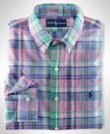 A bold madras pattern enlivens a trim-fitting sport shirt, tailored from ultra-soft cotton twill for a smooth finish. A bold madras pattern enlivens a trim-fitting sport shirt, tailored from ultra-soft cotton twill for a smooth finish.