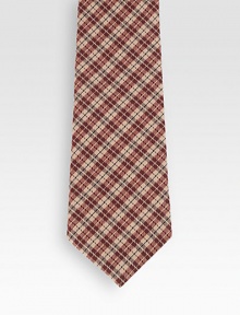 Handsome plaid pattern adorns this design crafted in Italy of a luxurious blend of wool and silk.About 2.8 wide60% wool/40% silkDry cleanMade in Italy Handsome plaid pattern adorns this design crafted in Italy of a luxurious blend of wool and silk.About 2.8 wide60% wool/40% silkDry cleanMade in Italy