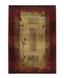 This accent rug will enhance any room. This rug features a striking design of two vines in silhouette against a ground of rectangles framed with borders. Hues of sage green, gold, beige and russet blend into each other with striations and stain-like effects to impart a weathered, timeworn feel.