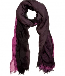 Richly-hued accessories like Faliero Sartis plum and black colorblocked scarf add instant style and easy polish to any outfit - Sumptuously soft and lightweight in a fine, modal and silk blend - Moderately long and wide, with delicate fringe trim - Versatile and perennially chic, perfect for pairing with everything from jeans and a t-shirt to a knit dress and leather jacket