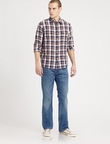 A fresh and modern update to the original Bootcut, slightly slimmer throughout the leg, for a more masculine feel.Five-pocket styleInseam, about 34CottonMachine washMade in USA A fresh and modern update to the original Bootcut, slightly slimmer throughout the leg, for a more masculine feel.Five-pocket styleInseam, about 34CottonMachine washMade in USA