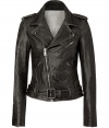 Lambskin biker jacket adds edge to any closet - Classic design with asymmetric zipper, wide lapel with metallic snaps, shoulder bars and decorative waist belt - Long sleeves and feminine waisted cut - Vintage, slightly-worn look - Wear in transitional months with a thin cashmere pullover or a sexy silk tank - Pair with feminine dresses and booties for a contrasting look, or with skinny jeans and heels for a fashionable night out