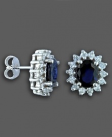 Capture an audience with royalty-inspired earrings featuring oval-cut sapphire (2-7/8 ct. t.w.) and round-cut diamond (3/4 ct. t.w.) set in 14k white gold, from Effy Collection. Approximate diameter: 1/2 inch. Capture an audience with royalty-inspired earrings featuring oval-cut sapphire (2-7/8 ct. t.w.) and round-cut diamond (3/4 ct. t.w.) set in 14k white gold, from Effy Collection. Approximate diameter: 1/2 inch.