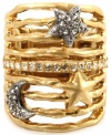 Star light, star bright, this style is certain to light up your night. Rachel Rachel Roy's twinkling star and moon ring features a bold, nine-band design and glass accents for ultimate shine. Crafted in worn gold and silver-tone mixed metal. Ring adjusts to fit finger. Approximate diameter: 1 inch.