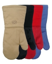 The heat is on, but you can handle it! Treated with silicone for high heat resistance and a more confident grip, this set of Calphalon oven mitts help you handle hot surfaces with no worries. A soft, cotton interior keeps your hand cozy and provides extra protection. The heat is on, but you can handle it! Treated with silicone for high heat resistance and a more confident grip, this set of Calphalon oven mitts help you handle hot surfaces with no worries. A soft, cotton interior keeps your hand cozy and provides extra protection.