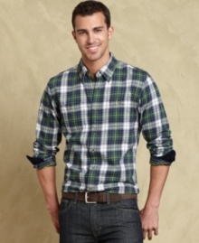 Fill out your fall look with this slim-fit plaid shirt from Tommy Hilfiger.