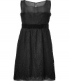 Ladylike in lace, Anna Suis sweet black dress is an exquisite take on cocktails chic - Sheer yolk, sleeveless, tonal velvet sash with flat bow, hidden back zip, scalloped hemline - Tailored fit - Play with contrasts and style with an edgy leather jacket and statement heels