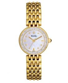 A glamorous woman's best friend. Classic watch by Bulova crafted of gold tone stainless steel bracelet and round case. Bezel embellished with 16 diamond accents. Mother-of-pearl dial features applied gold tone markers, three hands and logo. Quartz movement. Water resistant to 30 meters. Three-year limited warranty.