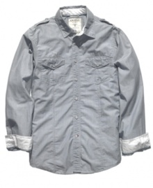 Military-inspired details like epaulets and chest pockets add a rugged feel to this sleekly striped shirt from Guess.