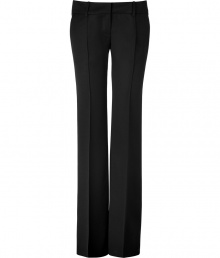 Luxurious trousers of fine black wool are a staple for any business wardrobe - New silhouette features narrow, flared leg and figure-flattering pleats - Hipster seat with wide waistband and belt loops - Classic twist on a modern polished look, perfect for the office, or sophisticated evening functions - Pair with blouses, tops and cardigans, and favorite heels Luxurious trousers of fine black wool are a staple for any business wardrobe - New silhouette features narrow, flared leg and figure-flattering pleats - Hipster seat with wide waistband and belt loops - Classic twist on a modern polished look, perfect for the office, or sophisticated evening functions - Pair with blouses, tops and cardigans, and favorite heels