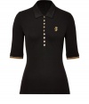 Work a glamorous edge into your preppy-chic staples with Juicy Coutures embroidered logo polo, detailed with contrast metallic gold trim for that luxe Hollywood feel - Classic collar, elbow-length sleeves, partial button-down front - Form-fitting - Wear with bright white separates and a shimmer of chunky statement jewelry