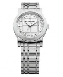 Burberry timepiece features a stainless steel bracelet and round case. Silver tone etched dial with logo, date window at 3 o'clock and polished silver tone indices. Three hands. Swiss movement. Water resistant to 30 meters. Two-year limited warranty. Burberry timepiece features a stainless steel bracelet and round case. Silver tone etched dial with logo, date window at 3 o'clock and polished silver tone indices. Three hands. Swiss movement. Water resistant to 30 meters. Two-year limited warranty.