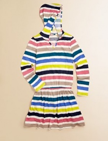 Vibrant stripes and an attached hood make this sweet knit an every day essential.Attached hoodLong sleevesPullover styleDrop-waist with elasticCottonMachine washImported Vibrant stripes and an attached hood make this sweet knit an every day essential.Attached hoodLong sleevesPullover styleDrop-waist with elasticCottonMachine washImported