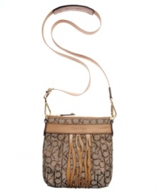 Soft leather trim and subtle zebra design add graphic contrast to the signature jacquard fabric of this go-anywhere Calvin Klein design. Pockets inside and out keep you well-organized, while the adjustable strap is easily removed to transform this crossbody into a clutch. Soft leather trim and subtle zebra design add graphic contrast to the signature jacquard fabric of this go-anywhere Calvin Klein design. Pockets inside and out keep you well-organized, while the adjustable strap is easily removed to transform this crossbody into a clutch.