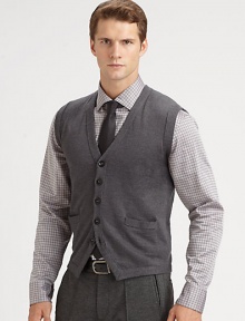 A handsome button-front vest is knit in lightweight wool for a clean, classic finish.Button-frontWaist welt pocketsWoolDry cleanImported A handsome button-front vest is knit in lightweight wool for a clean, classic finish.Button-frontWaist welt pocketsWoolDry cleanImported