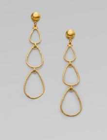 From the Geo Collection. Destined to be a classic, three hammered teardrops of 24k gold elegantly dangle.24k gold length, about 3 Post back Imported From the Geo Collection. Destined to be a classic, three hammered teardrops of 24k gold elegantly dangle.24k gold length, about 3 Post back Imported