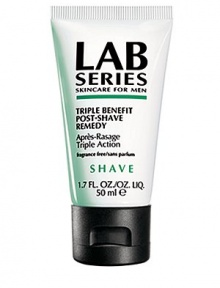 Triple Benefit Post Shave Remedy. Breakthrough gel treatment formula delivers three benefits in one: Helps to relieve and prevent ingrown hairs. Helps soothe and prevent irritation associated with razor bumps. Softens and refines beard hair after only 4 weeks of use, for easier, less frequent shaves. Helps delay the appearance of five o'clock shadow. Absorbs quickly, leaves skin soothed, refreshed and comfortable. 1.7 oz. Triple Benefit Post Shave Remedy. Breakthrough gel treatment formula delivers three benefits in one: Helps to relieve and prevent ingrown hairs. Helps soothe and prevent irritation associated with razor bumps. Softens and refines beard hair after only 4 weeks of use, for easier, less frequent shaves. Helps delay the appearance of five o'clock shadow. Absorbs quickly, leaves skin soothed, refreshed and comfortable. 1.7 oz.