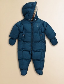 Keep baby snug in this puffy, zip-front, check-lined snowsuit with attached hood, slash pockets, detachable mittens and footies.Attached hoodLong sleeves with detachable mittensZip front and seatElastic cuffs and hemFront slash pockets with snap closureGathered elasticized backDetachable footiesPolyesterMachine washImported