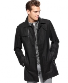 Refine your layers with this trench coat complete with a sophisticated leather detailed trim. Refine your layers with this trench coat complete with a sophisticated leather detailed trim.