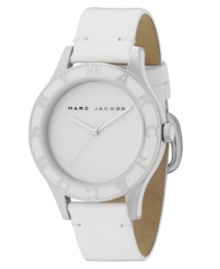 Pure allure. White patent leather strap. Stainless steel case with By Marc Jacobs written around bezel. Minimalist white dial with black logo. Three hands. Quartz movement. Water resistant to 30 meters. Two-year limited warranty. Pure allure. White patent leather strap. Stainless steel case with By Marc Jacobs written around bezel. Minimalist white dial with black logo. Three hands. Quartz movement. Water resistant to 30 meters. Two-year limited warranty.