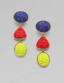 A colorful, hand-poured resin accented style with a floral design. Hand-poured resin24k goldplated brassDrop, about 3¾Clip-on backMade in USA A colorful, hand-poured resin accented style with a floral design. Hand-poured resin24k goldplated brassDrop, about 3¾Clip-on backMade in USA