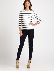 Bold stripes and a contrast chest pocket make this laid-back layer both casual and chic.Crew neck with zip shouldersThree-quarter sleevesAllover stripesAbout 21½ from shoulder to hem67% viscose/28% nylon/5% elastaneMachine washImported Model shown is 5'10 (177cm) wearing US size Small.