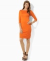 Lauren by Ralph Lauren's petite, mod jersey shift dress is crafted with a boat neckline and three-quarter-length sleeves for a sleek look.