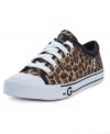 A fun print with pink lining. G by Guess' Oona sneakers add some funkiness--and a bit of height.