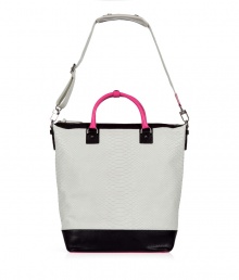 Sporty, structured handbag in fine python-print leather - Trendy pink accent and black trim - Square shape is spacious and roomy enough for small purchases and day-to-day essentials - Two short carrying handles, adjustable and removable shoulder strap - Interior zippered pocket - Great daytime accessory with skinny jeans, silk blouse and stiletto ankle boots Sporty, structured handbag in fine python-print leather - Trendy pink accent and black trim - Square shape is spacious and roomy enough for small purchases and day-to-day essentials - Two short carrying handles, adjustable and removable shoulder strap - Interior zippered pocket - Great daytime accessory with skinny jeans, silk blouse and stiletto ankle boots