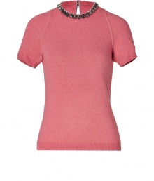 Channel elegant fifties-inspired style with this ladylike jewel-embellished sweater from Moschino Cheap & Chic - High neckline with jewel embellishment, short sleeves, stitched seam details, back keyhole opening with hook and eye closure, fitted silhouette - Wear with cropped trousers and platform pumps for retro-chic glam