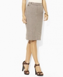 A timeless houndstooth print lends a heritage flourish to Lauren by Ralph Lauren's classic pencil skirt in soft, luxurious linen. A timeless houndstooth print lends a heritage flourish to Lauren by Ralph Lauren's classic pencil skirt in soft, luxurious linen.