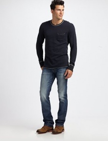 Easy slim-straight fit denim with generous fading for a well-worn feel.Five-pocket styleZip flyInseam, about 34CottonMachine washImported Easy slim-straight fit denim with generous fading for a well-worn feel.Five-pocket styleZip flyInseam, about 34CottonMachine washImported
